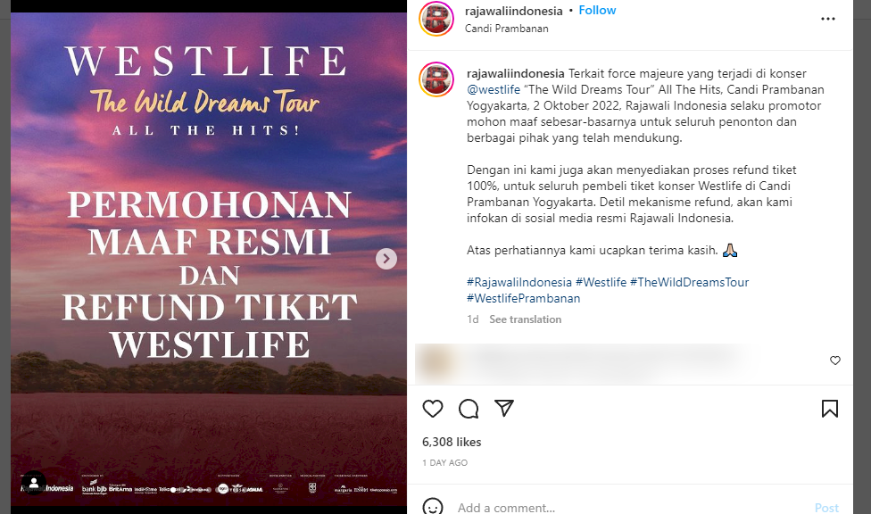 Akibat Cuaca Ekstrem, Pembelian Tiket Konser Westlife di Candi Prambanan Akan Direfund 100%. Gambar : https://www.instagram.com/p/CjOFFBrPXvz/